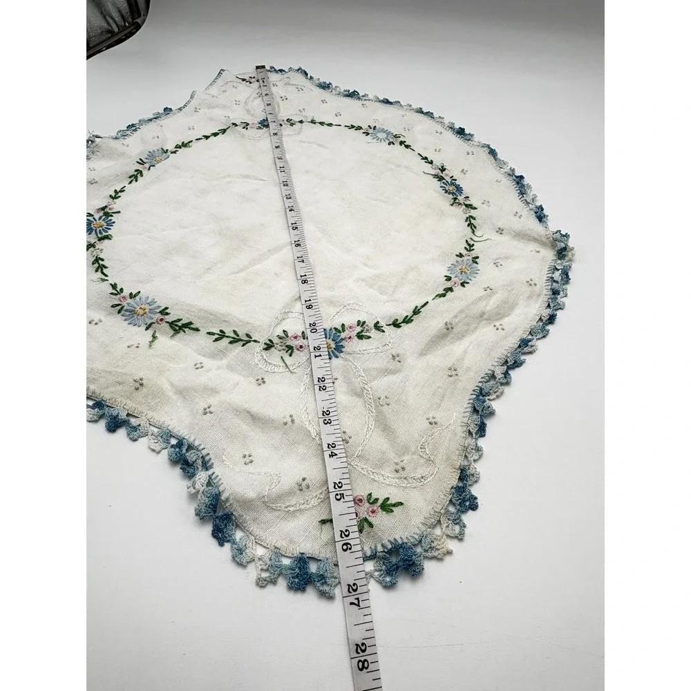 Vintage Hand Embroidered Linen Centerpiece Blue Crochet Edge 20x26 Unfinished